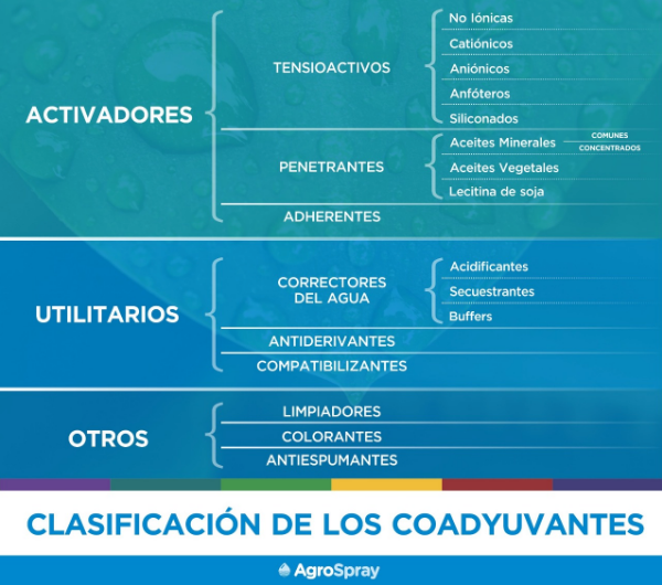 Clasificación de los coadyuvantes. Pueden ser diferenciados como activadores, utilitarios y otros (limpiadores colorantes y antiespumas).